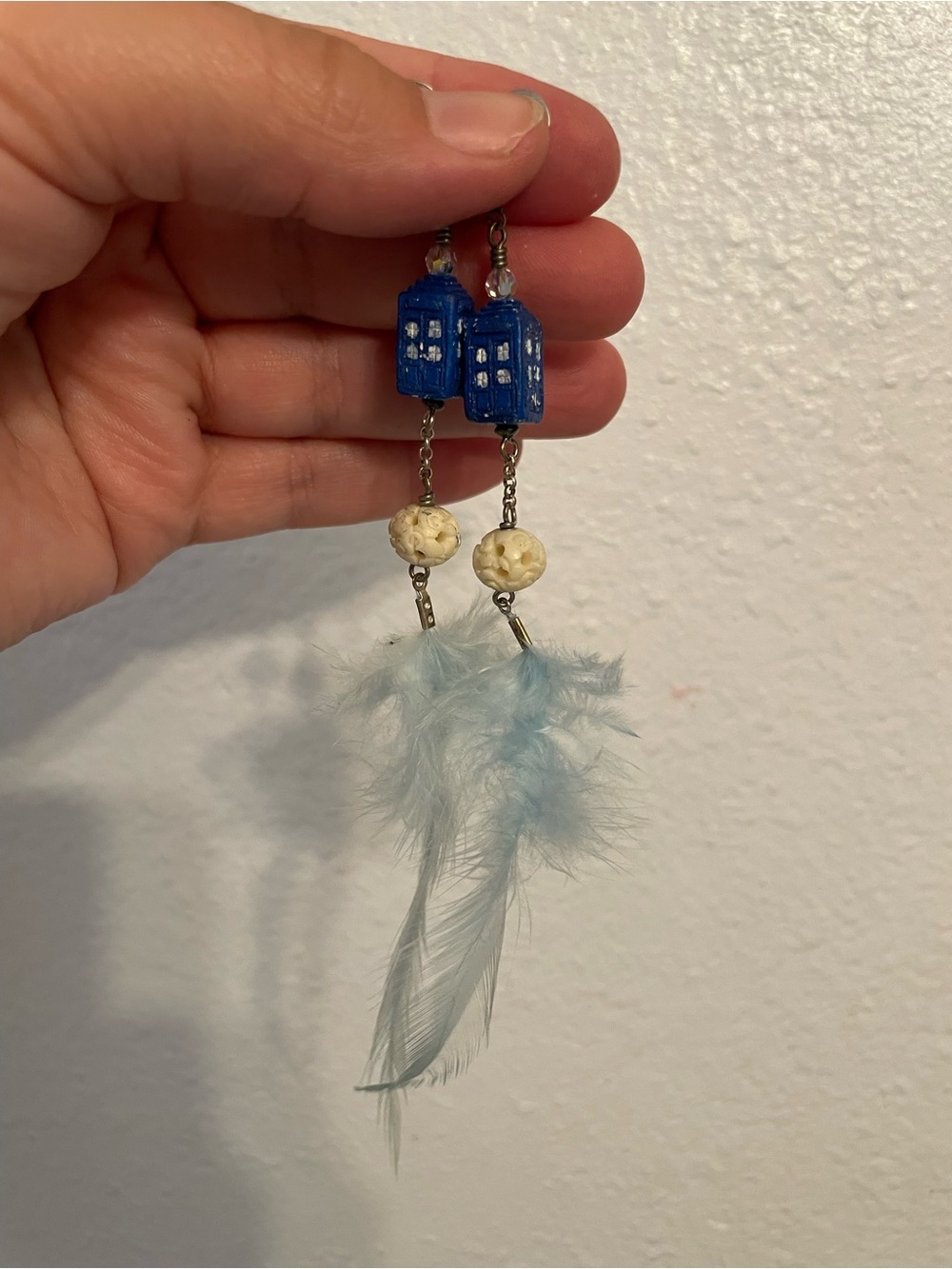 Handmade Blue TARDIS Feather Drop Earrings
